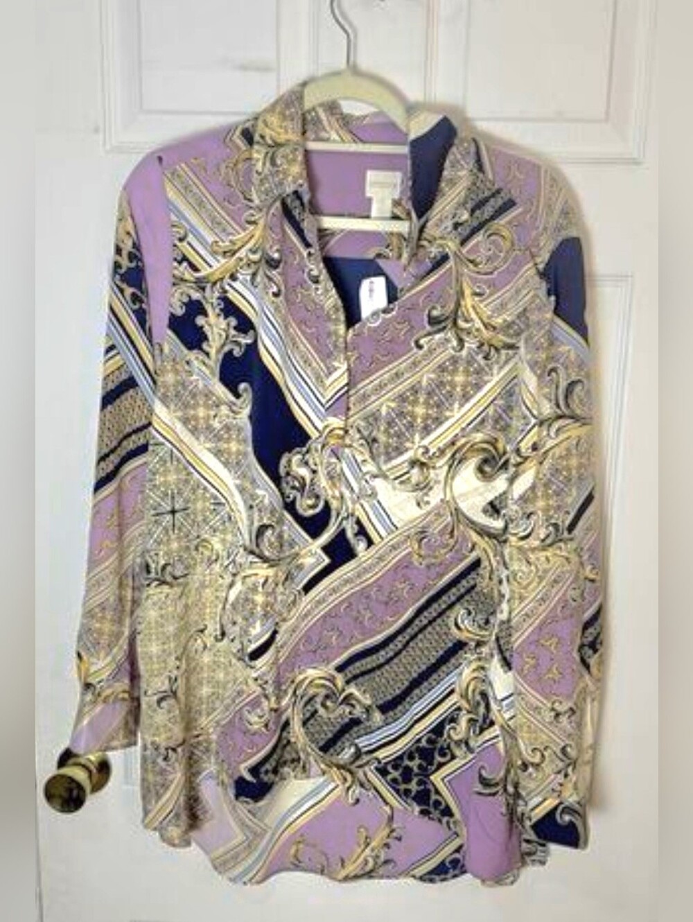 CHICO'S navy & lavender BLOUSE brand new LONG SLEEVES button front Closure TOP
